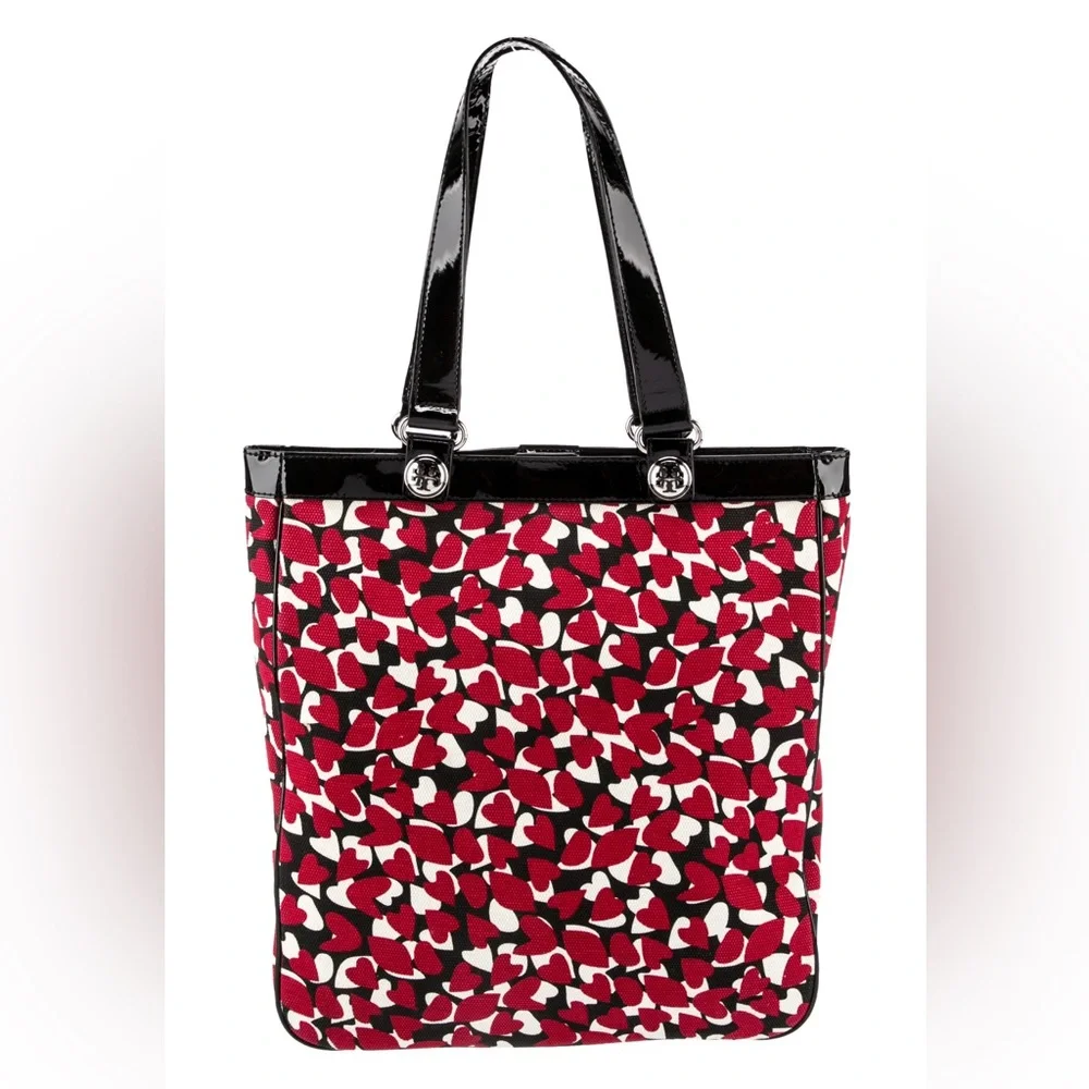 Tory Burch Red Hearts Canvas with Black Patent Leather Tote Shopper EUC